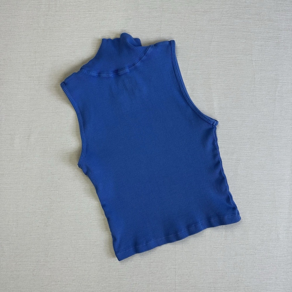 Big Bud Press Mockneck Tank Top Ribbed Organic Cotton Women Petite Blue - Picture 7 of 9